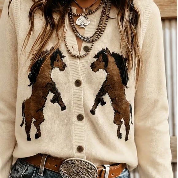 Sweaters - NEW! 🍁🍂boho western Cream Horse Motif Button-Up Sweater Cardigan